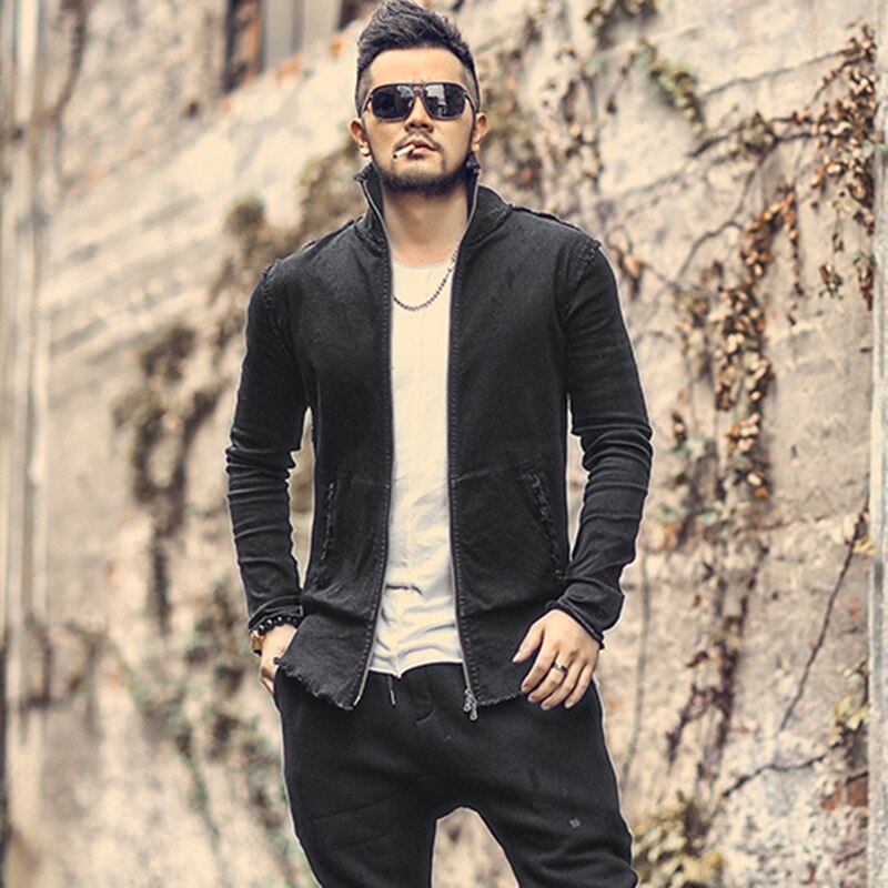 Jesienno-zimowa nowa rozciągać dżinsowa myte surowe selvedge męska dopasowana obcisłą marynarka męska stojący kołnierz kurtka f8298