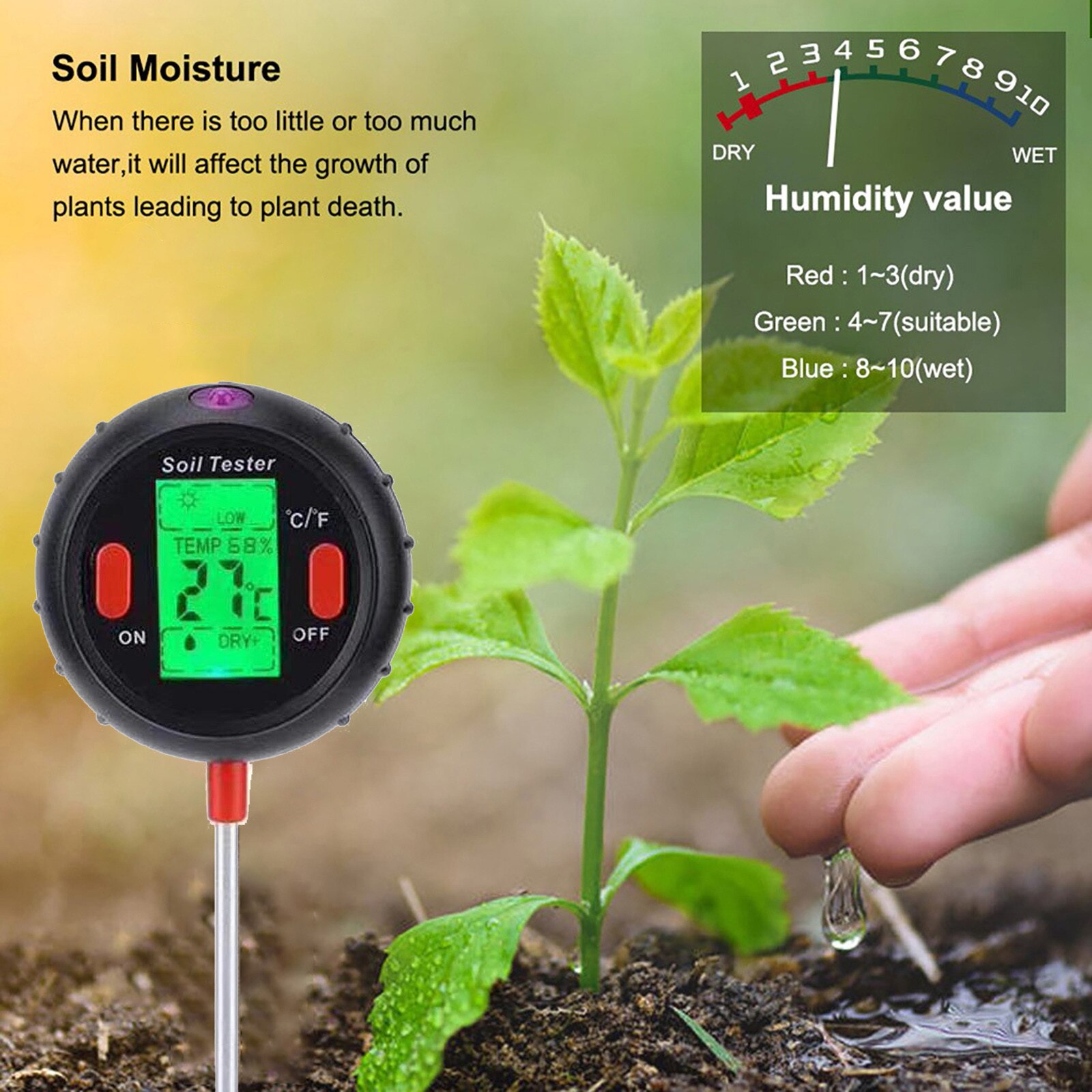 Gardening 5 in 1 Soil Ph Meter Digital Tester PH Moisture Meter Temperature Sunlight Intensity Measurement Analysis Acidity