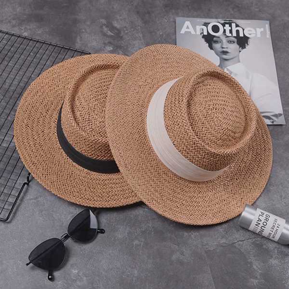 Kvinner sommer Strand solhatt merke flat topp stråhatt jente bånd strandhatt bein feminino gorra