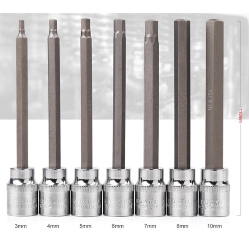 7Pc 3/8 Extra Long Socket Set 3-10mm Socket Adapter for Torque Socket Wrench Hex Key Screwdriver Bit Set