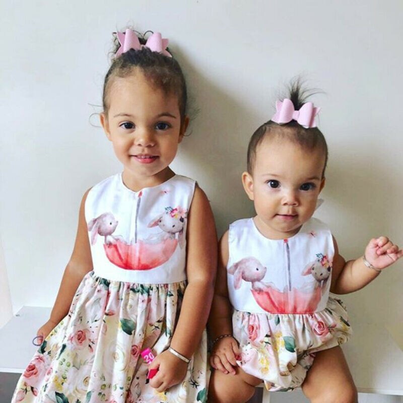 Emmababy påske på nyfødte børn baby pige søster matchende tøj bunny ærmeløs blomstermotiver bodysuit kjole tøj