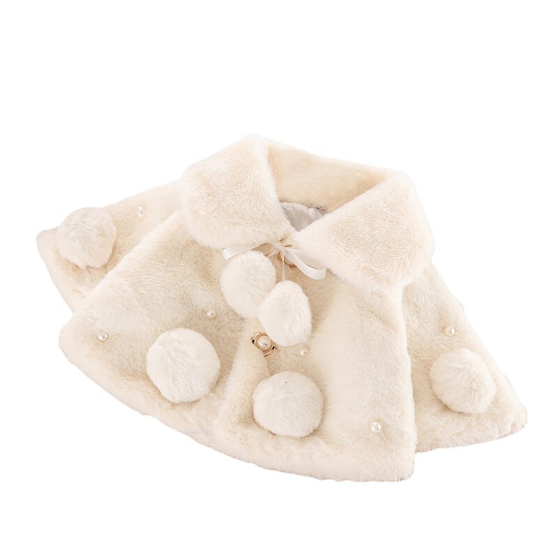 Warm Winter Jassen Kids Baby Effen Kleur Brede Revers Lange Mouwen Bontjas Met Pompoms Parel Leuke Uitloper Kleding Meisje 0-4 Jaar: WHITE / 6m