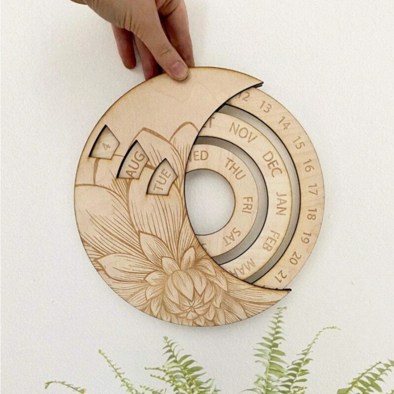 Round Wooden Moon Adjustable Perpetual Wall Calendar Rotatable Circular DIY Hand-Carved Calendar Retro Home Decoration