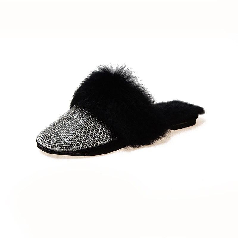 Ronde Neus Haar Schoenen Vrouwen Luxe Strass Bont Crystal Slippers Diamant Muilezels Anti Op Half Slippers Flats Schoenen: black / 6.5