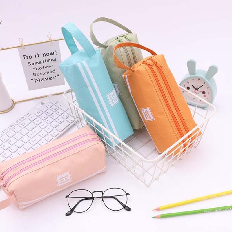1Pcs Square Pencil Box Pencil Case Large Capacity Double Layer Students Solid Fabric Pen Bag