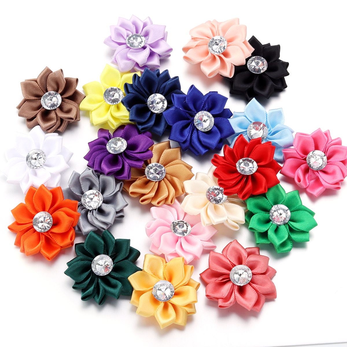 20Pcs/lot Mini Satin Ribbon Flowers 4cm Multicolor Rhinestones Handmade Flower for DIY Hair Clip Clothing Decoration Accessories: WHITE