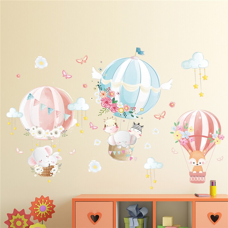 Air Ballon Cartoon Dieren Muurstickers Voor Kinderen Kinderkamer Decor Leuke Olifant Nursery Muurstickers Vinyl Muurstickers