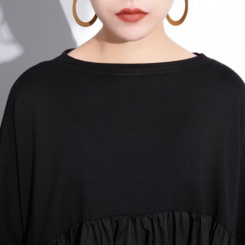 [Eam] Lente Ronde Hals Lange Mouw Zwart Big Size Pockets Vouw Split Joint Big Size Jurk vrouwen Mode Tij JE616