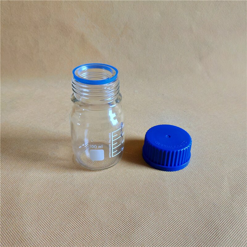 100ML Reagent Bottle,graduated storage bottles with GL45 blue screw-cap,clear glass bottle