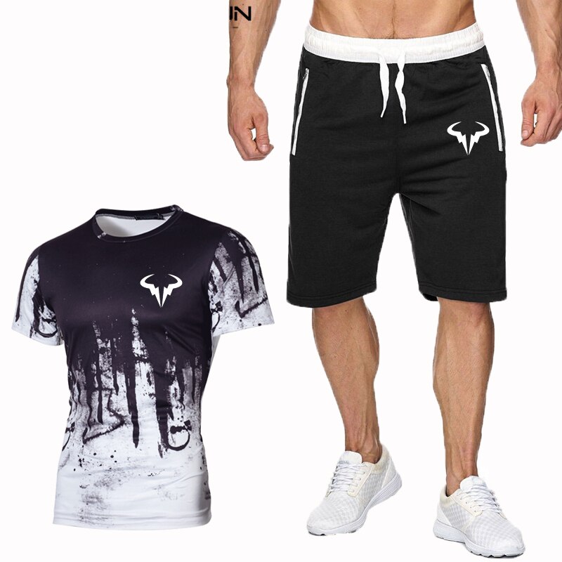 popular Rafael Nadal tennis player suit men's 3DT shirt + shorts men's cabin summer suit: Black white1 / M
