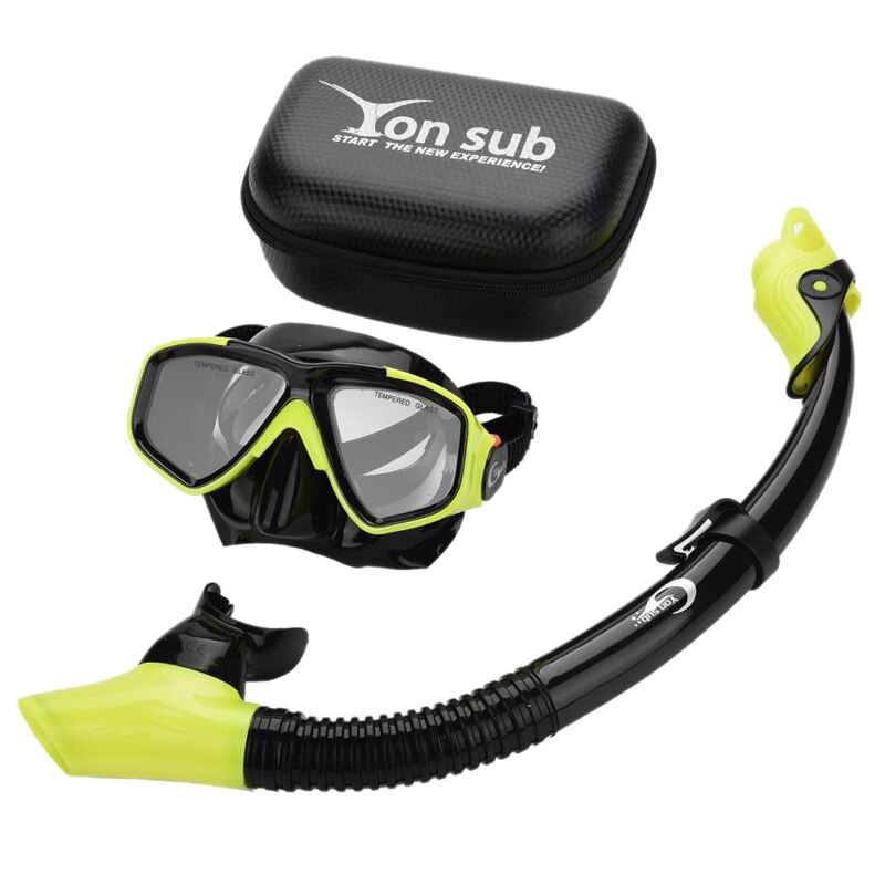 Genuine Diving Equipment Set Scuba HD Mask Tempered Glass Goggles Snorkel Antifog lens Diver Dive Breathing Tube: Yellow Set