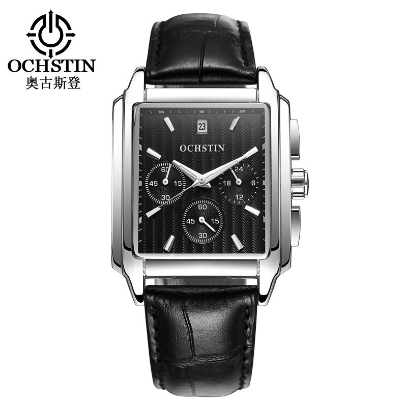OCHSTIN , reloj cuadrado de cuarzo negro para hombre, reloj de negocios de de lujo, Reloj analógico con correa de cuero para hombre, reloj con cronógrafo