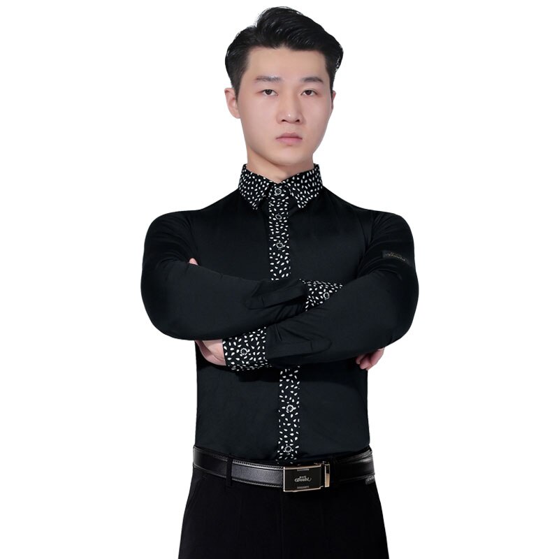 Doble de los hombres de camisas ropa de baile de salón vals tango Latina largo para baile de manga práctica negro rendimiento