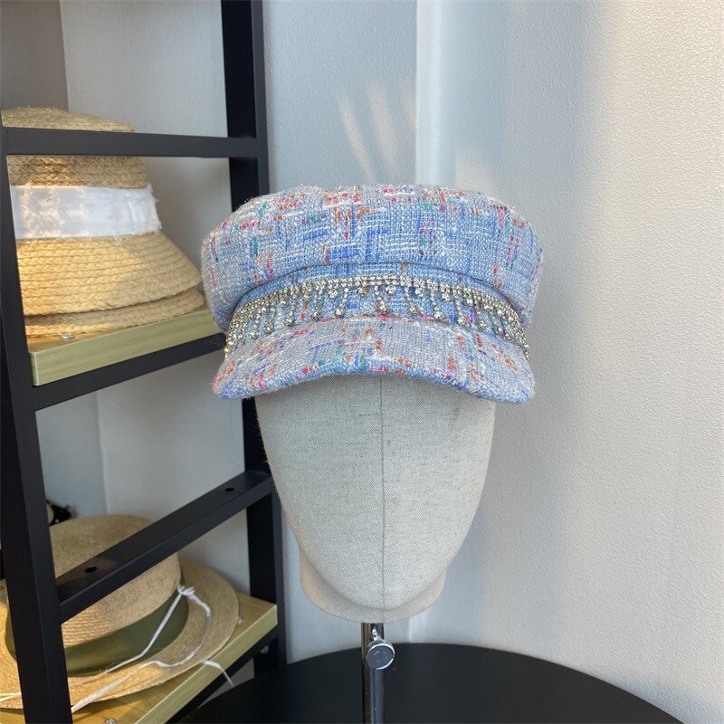 202007-CY036 automne goutte d'eau strass chaîne mélange Plaid loisirs octogonal chapeau hommes femmes visières casquette: chain sky blue