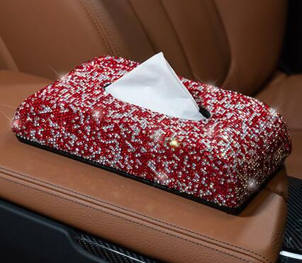 Bling Crystal Car Tissue Box Armrest Diamond Leather Auto Tissue Paper Holder Case Sunvisor Hanging Napkin Car Accessories: Pink