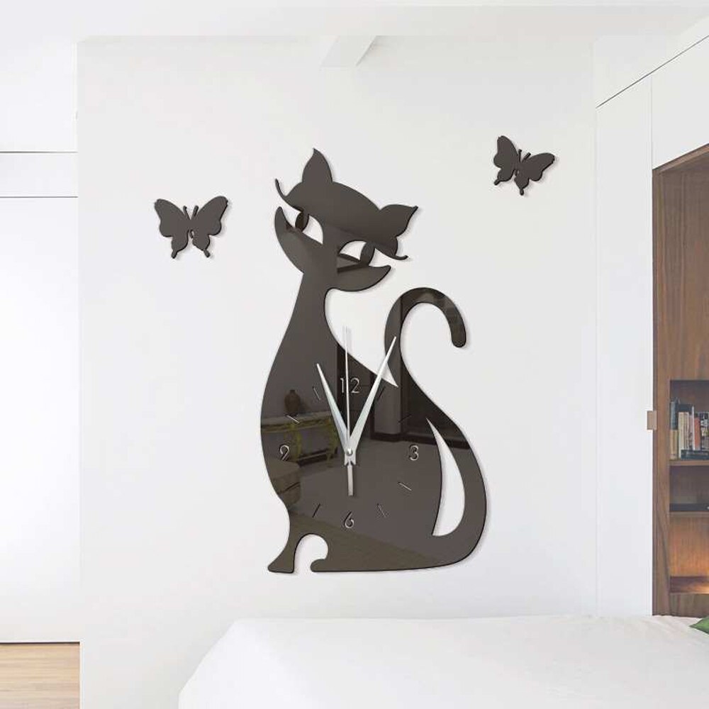 Wandklok Leuke Kat Vlinder Spiegel Wandklok Modern Home Decor Horloge Muur Sticker
