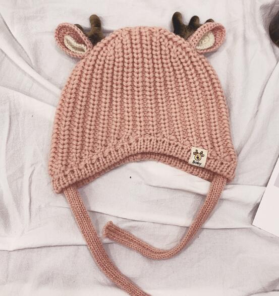 Baby Boys Girls Reindeer Beanie Hat Kids Christmas Hats Knit Cap Elk Horn Winter Hat: Pink