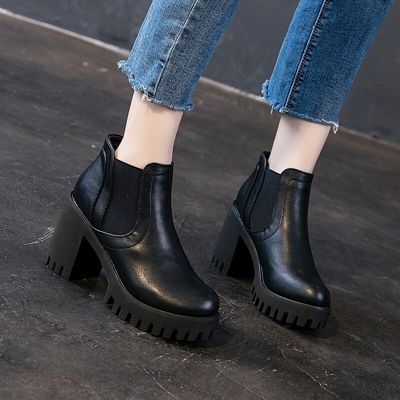 Damtossor högklackat höststövlar dam brittisk stil tjockklackat damskor casual dam ankelstövlar: Svarta singelskor / 34