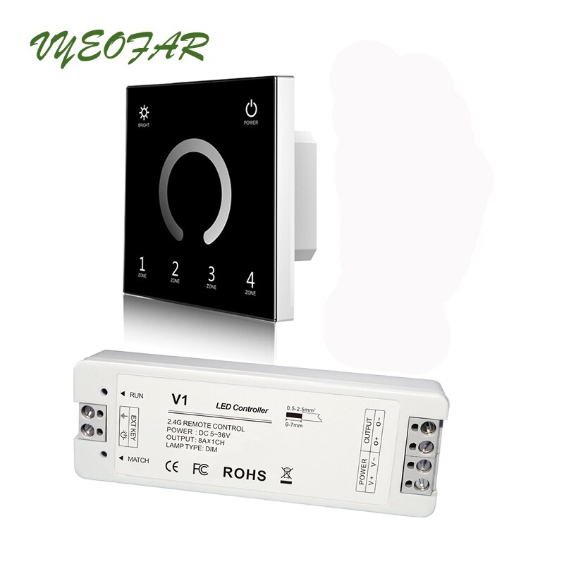 Tira dimmer led 230v 110v painel de toque, 4 zona wi-fi 2.4g rf remoto 12v único controle de tira colorida 8a, receptor sem fio: T11-B and V1