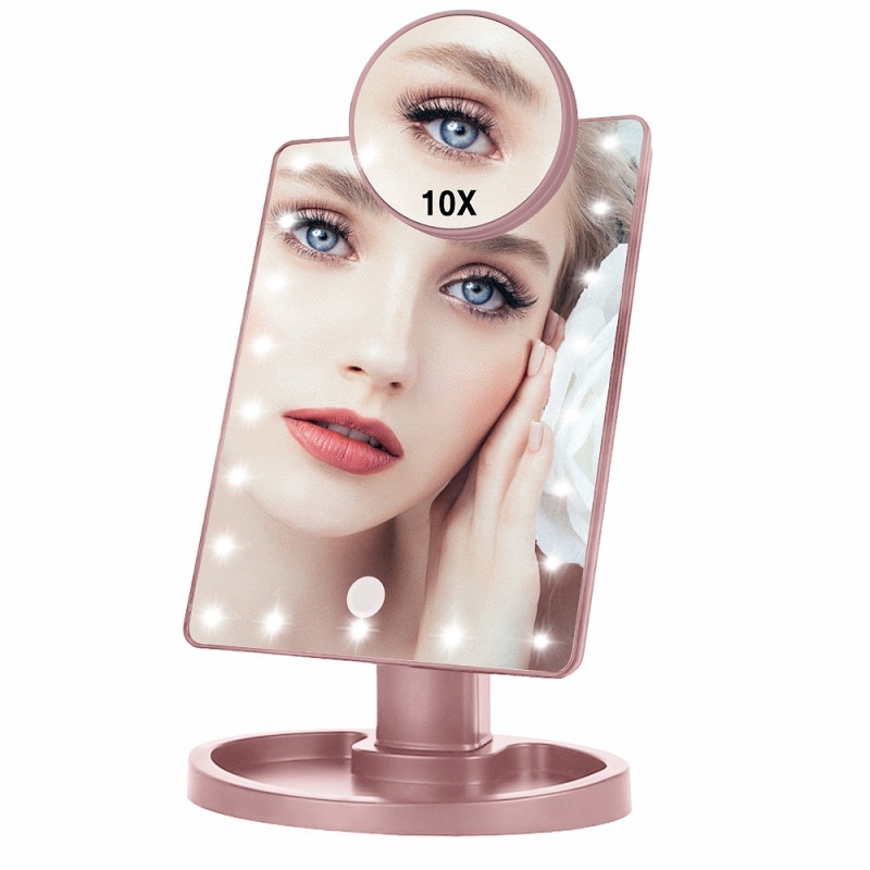 LED Touch Screen Makeup Mirror Vanity 16 LED Lights Beauty Adjustable Countertop 22 Led Rotating Battery USB Charge