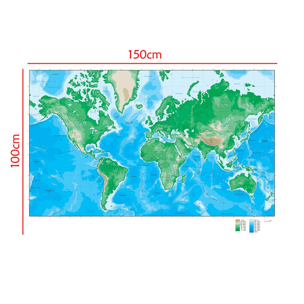 150 x 100cm maailman korkeuskartta taitettava kuitukangaskartta geologiseen tutkimukseen
