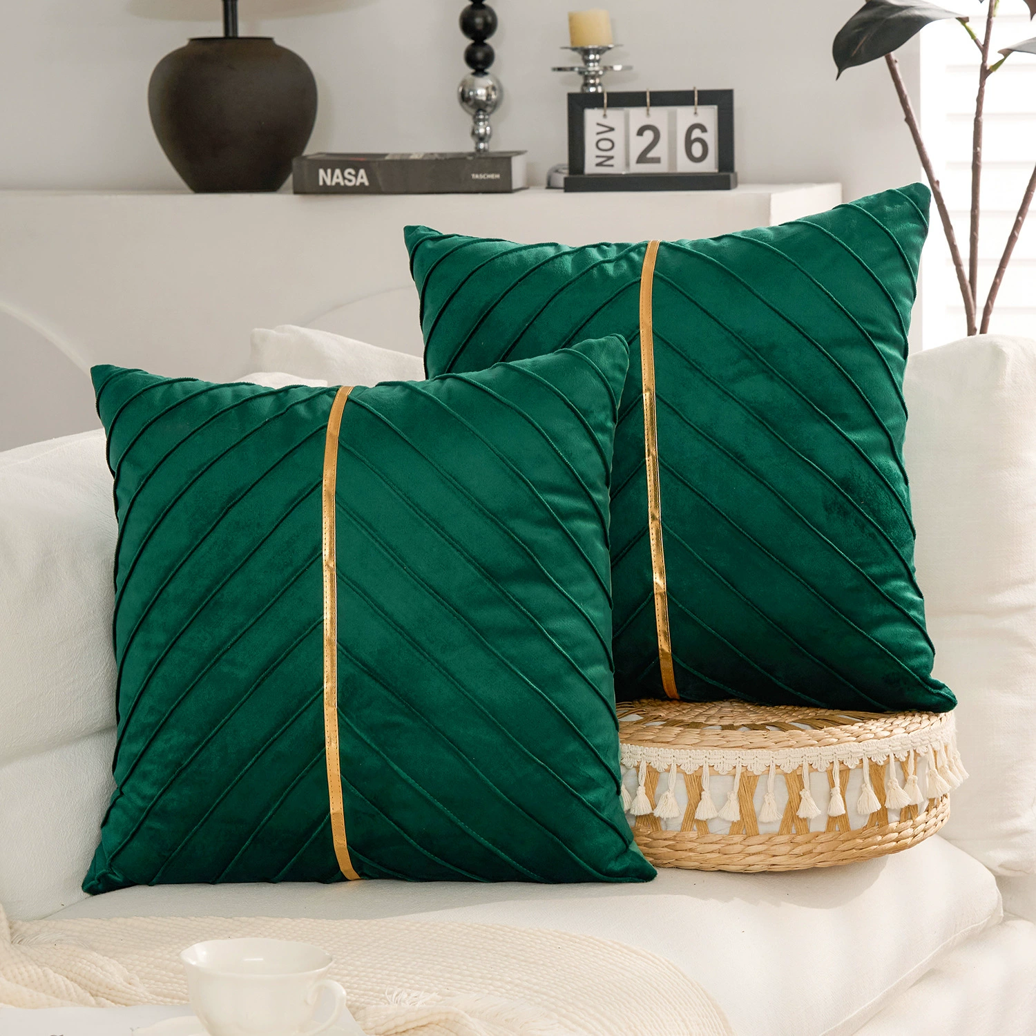 Samt-kissenbezüge,  of 2er- pack, inklusive goldfarbenem leder-weihnachtsdeko-kissenbezug, luxuriöser, moderner kissenbezug für sofas: 500*900mm / Grün