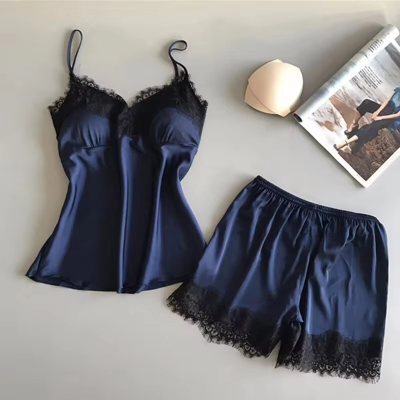 Traje de pijama para mujer, picardías de satén elástico con cuello en V, lencería Sexy de encaje, pijamas con lazo, pantalones cortos para dormir, conjunto de ropa de dormir nueva
