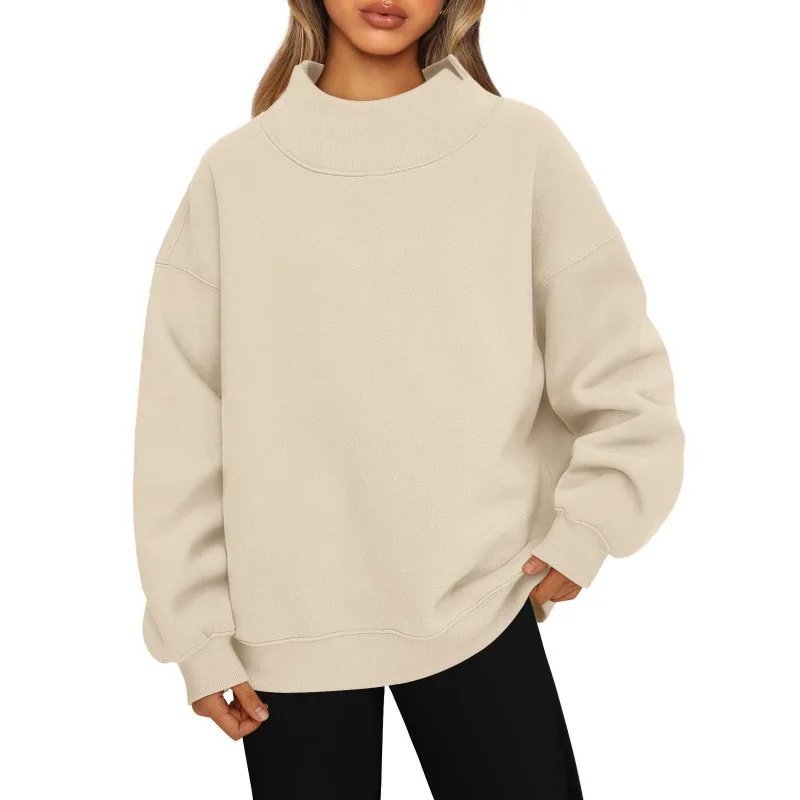 Sudadera con capucha de manga larga con forro polar para mujer, ropa deportiva informal cómoda de fibra de poliéster con cuello alto: XL / APRICOT