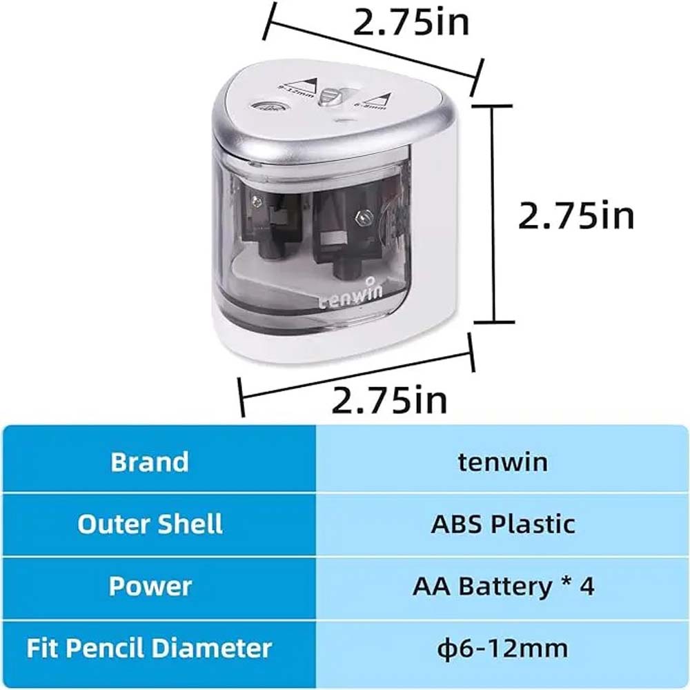 TENWIN Electric double-hole pencil sharpener Quick sharpening school supplies for 6-12mm pencils(Battery Not Included)