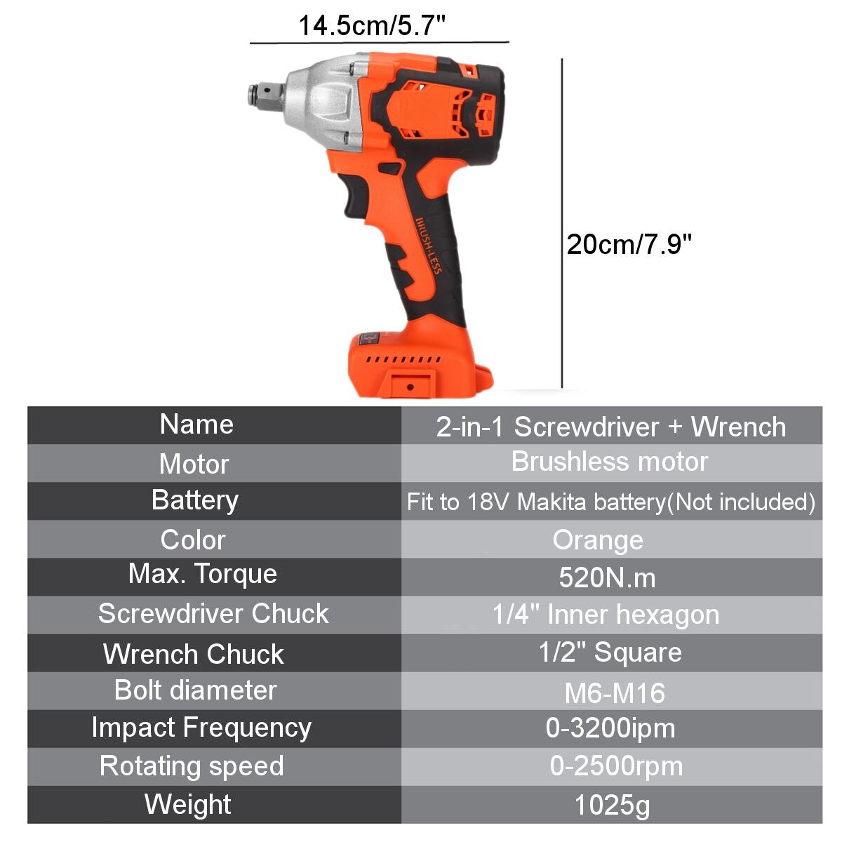 18V 520N.m. Li-Ion Cordless Impact Brushless Wrench Driver 1/2Inch Electric Wrench 1/4 Screwdriver for Makita Battery