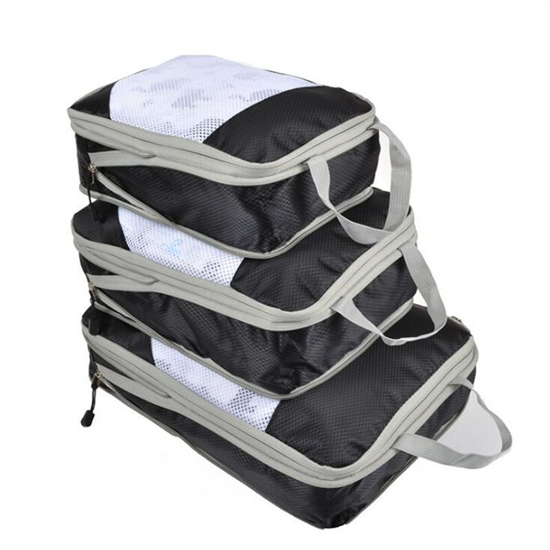 Ensemble de sac de rangement Compressible trois pièces Compression emballage Cube voyage organisateur de bagages pliable sac de voyage organisateur: black