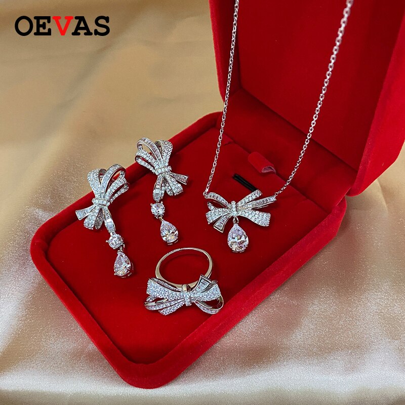 Oevas 100% 925 Sterling Zilver Vonken Hoge Carbon Diamant Boog-Knoop Fijne Sieraden Set Wedding Bridal Oorbellen Ringen Kettingen