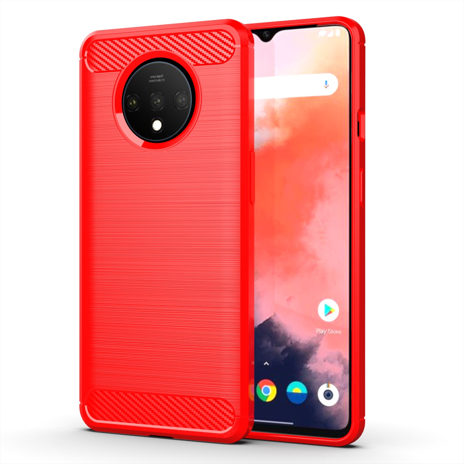 Funda con textura cepillada para 1 + 7t Oneplus 7T, fundas de silicona para Oneplus7t One Plus 7T, funda de teléfono de TPU suave de fibra de carbono de lujo: Rojo