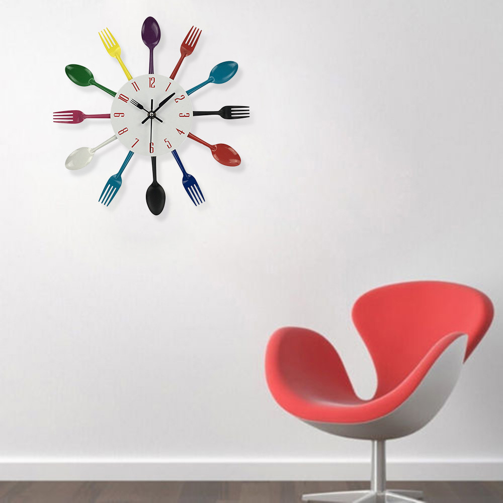 Horloge murale multicolore, bref, moderne, grande, cuillère magique, fourchette, aiguille à Quartz, décoration de salon, maison, horloge murale