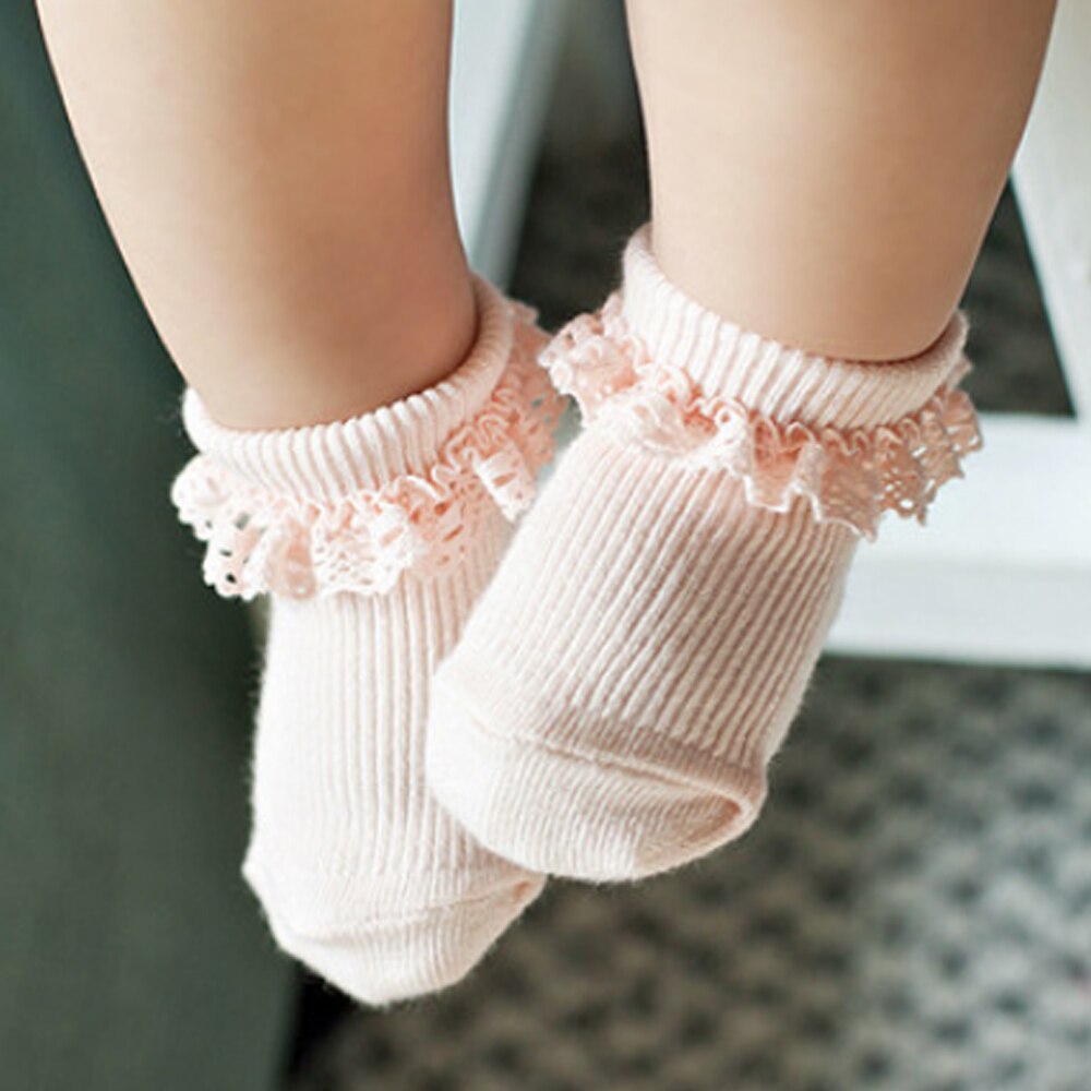 Solid Color Baby Short Socks Cotton Vertical Strip Princess Style Lovely Infant Children Non-slip Lace Socks