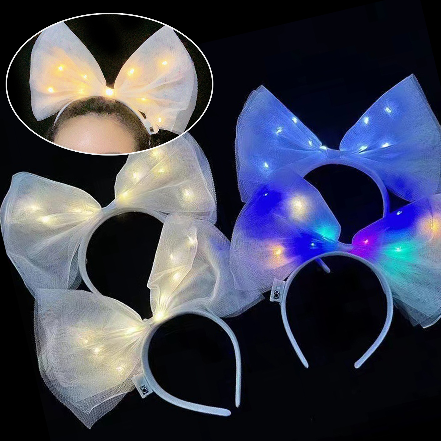 1pc led brilhante bandana grande arco bandana led brilhando no escuro luminoso organza arco faixa de cabelo para festa feminina