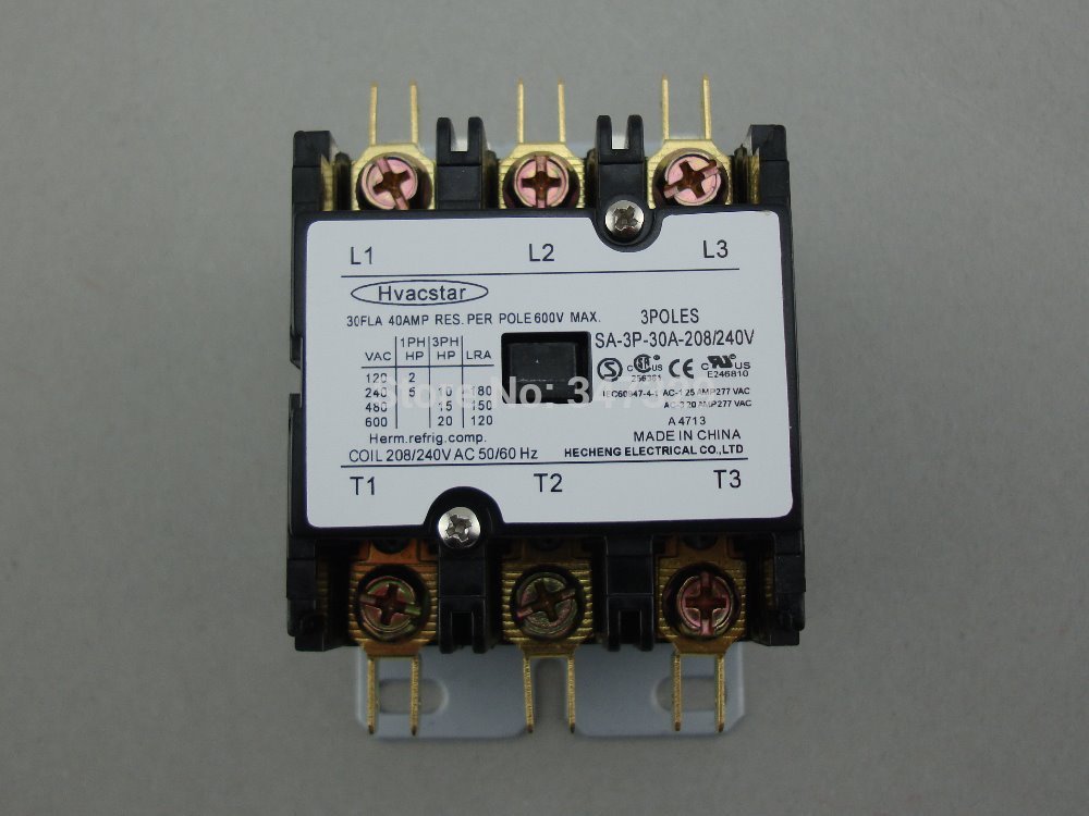 Hvacstar SA-3P-30A-208/240V Definite Purpose Contactor 3Poles 30FLA 208/240V AC Coil , DP Contactor, Air Conditioner Contactor