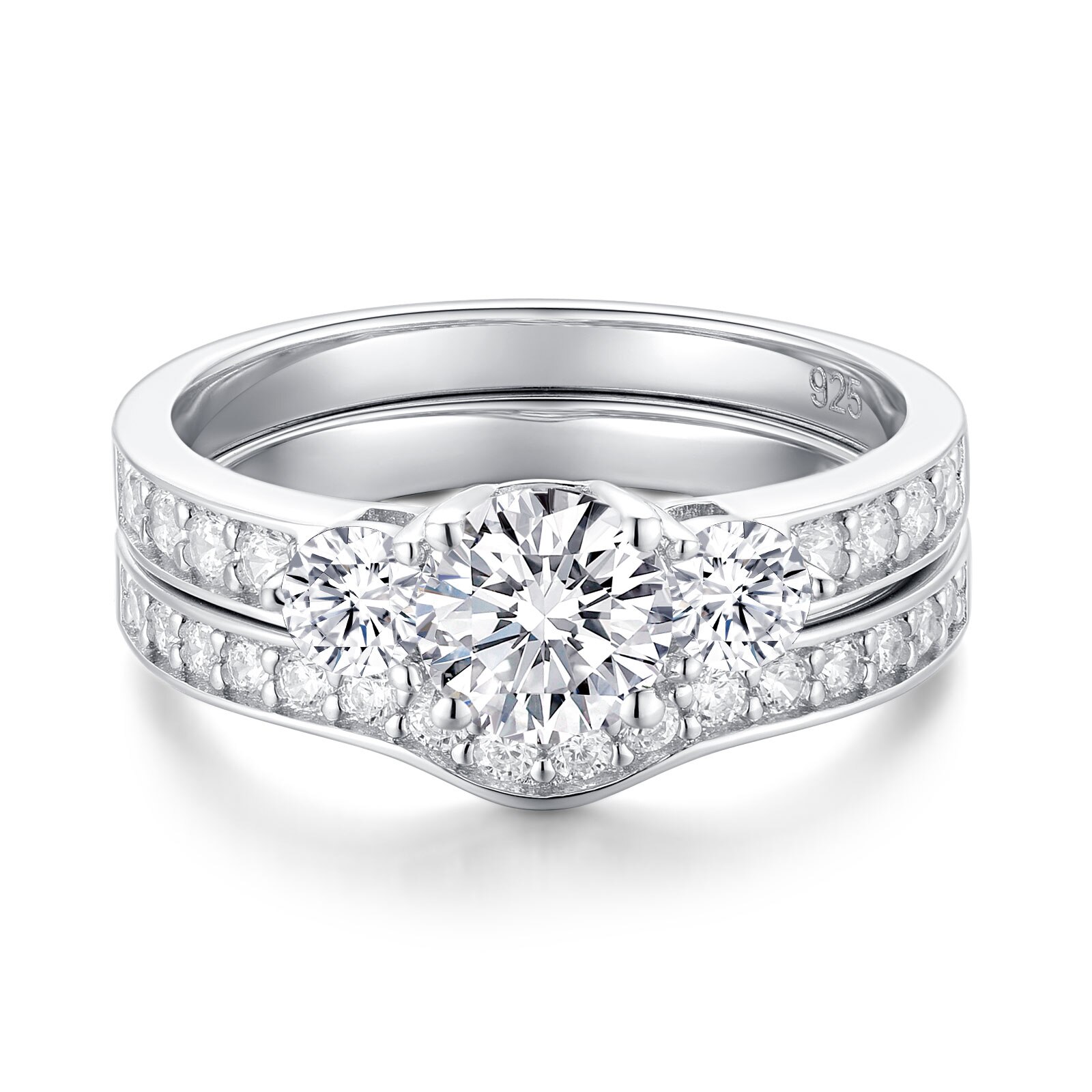 Newshe-Conjunto de 2 anillos de boda de plata 925 sólida para mujer, anillo de compromiso de 3 piedras, joyería clásica nupcial, BR1099