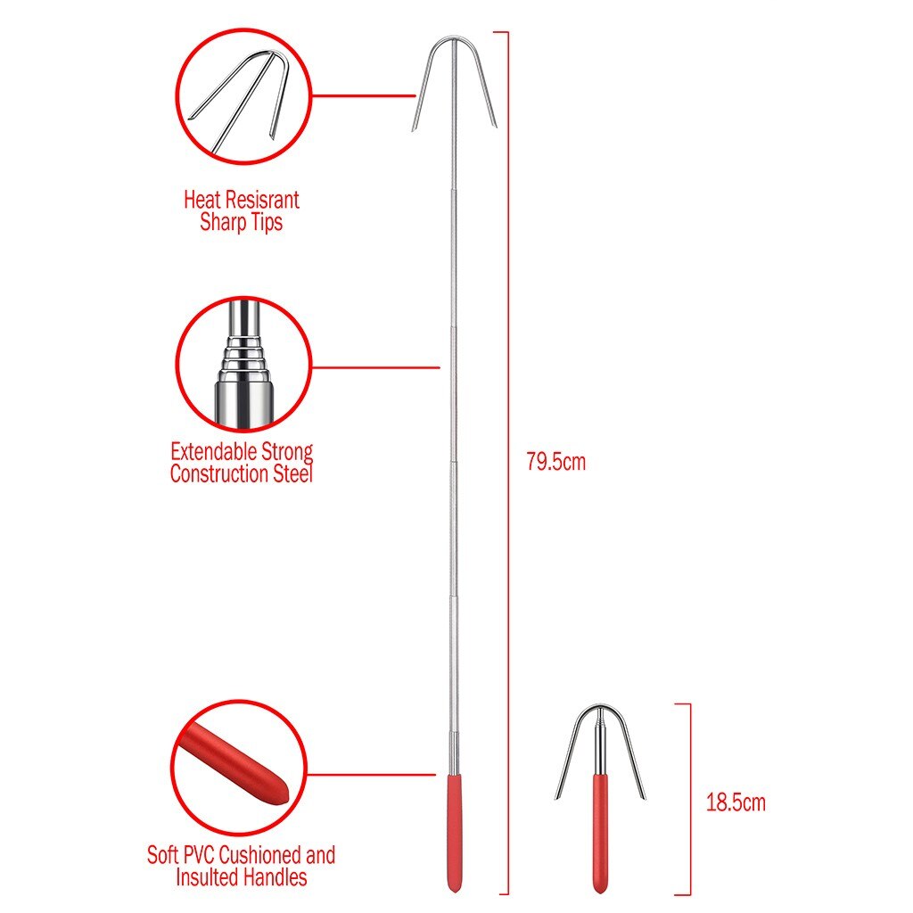 Durable Roasting Fork Stick Stainless Steel Wooden Handle Telescoping Skewer Grilling Tools For Home Kitchen Backyard BBQ