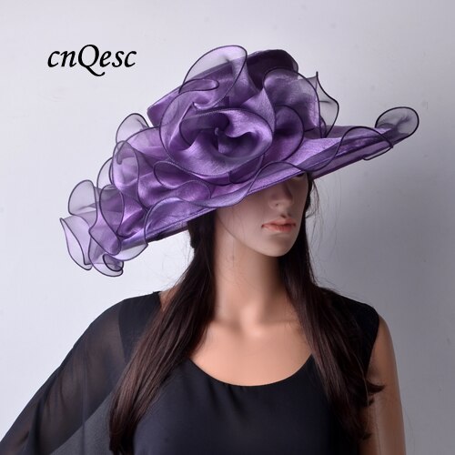 Lime green Wide brim Crystal organza hats church for kentucky derby wedding women's hat races