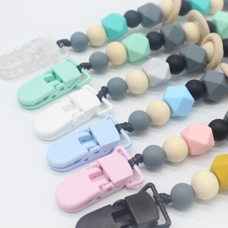 1Pcs Anti-Verloren Fopspeen Ketting Leuke Cartoon Baby Pacifer Clip Houder Chain Food Grade Siliconen Kralen Houten pacifer Keten