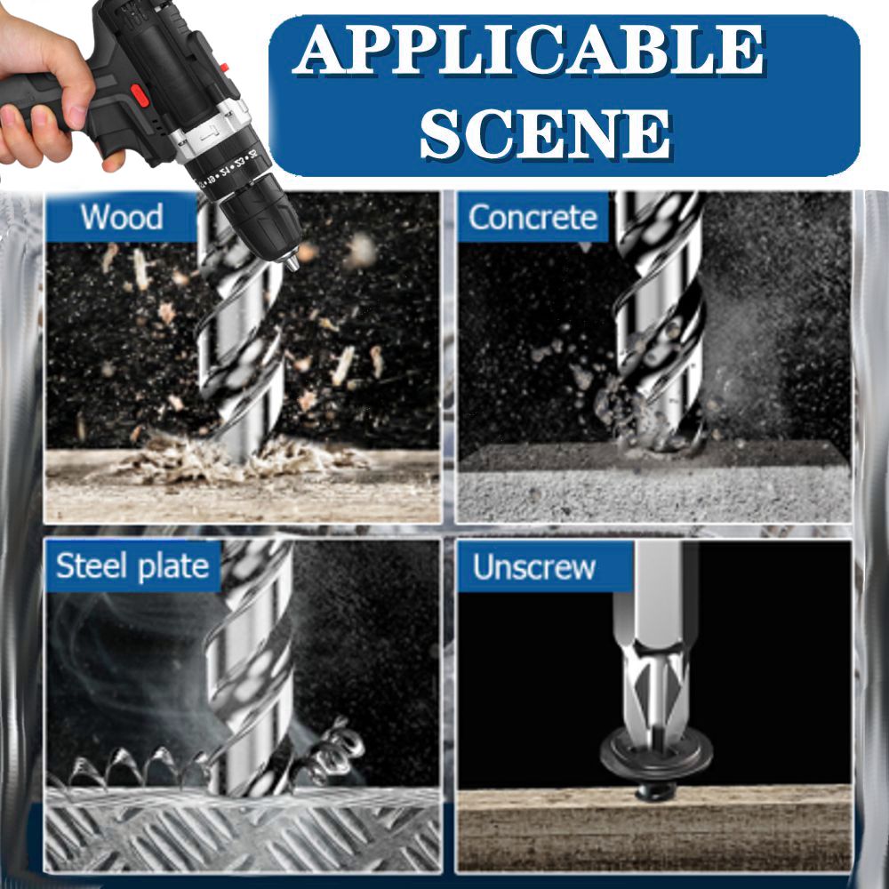 48V 2 Speed 3 in 1 Cordless Electric Drill Screwdriver 25+3 Turque Wireless Power Driver Tools Set with 2 x 6000MAH Battery