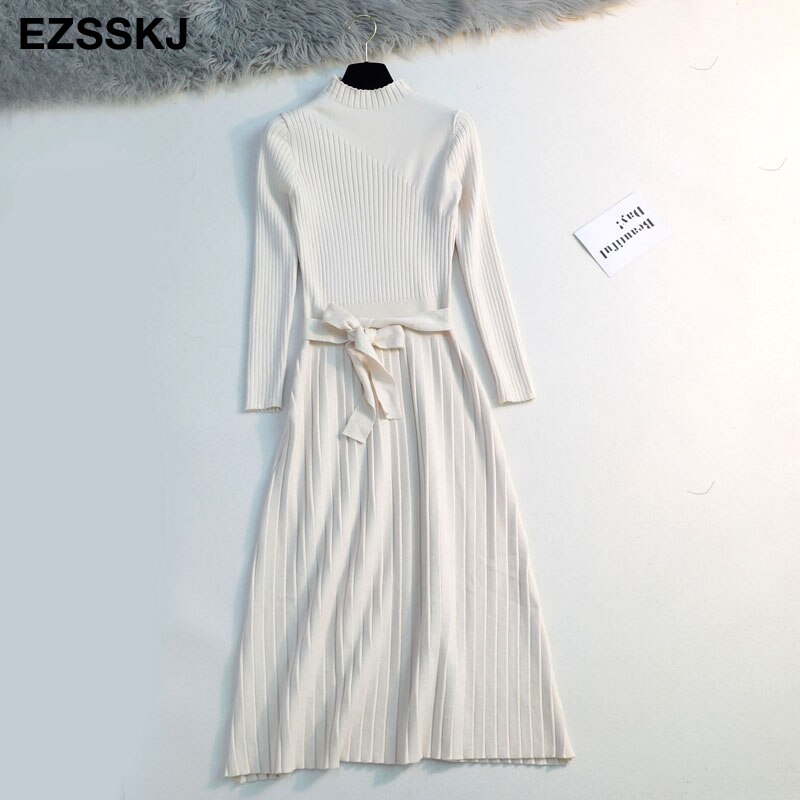herfst winter maxi trui jurk vrouwen lange mouw OL vrouwelijke lange trui jurk met riem elegante a-lijn solid slim jurk: Beige