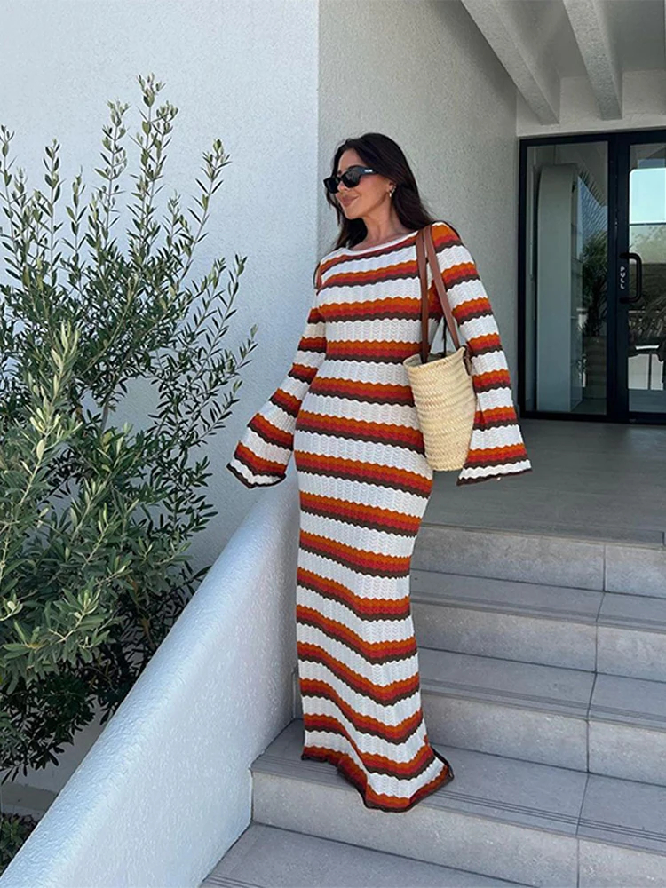 Knitted Crochet Stripe Maxi Dress Women Horn Sleeve Beach Dress Female Evening Party Chic Long Dresses