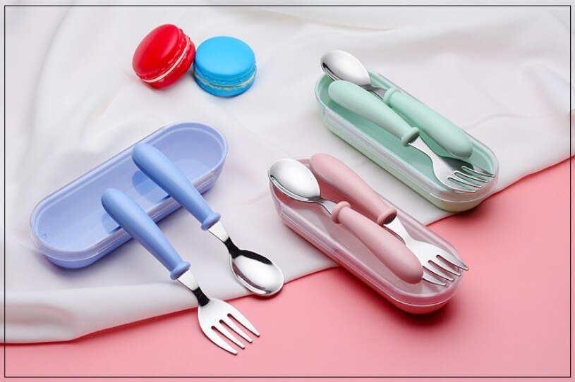 Zestaw sztućców dla dzieci ze stali nierdzewnej, łatwy w użyciu, 304 szt., widelec i łyżka, 2 szt., w jednolitym kolorze, łatwy w użyciu, w pudełku