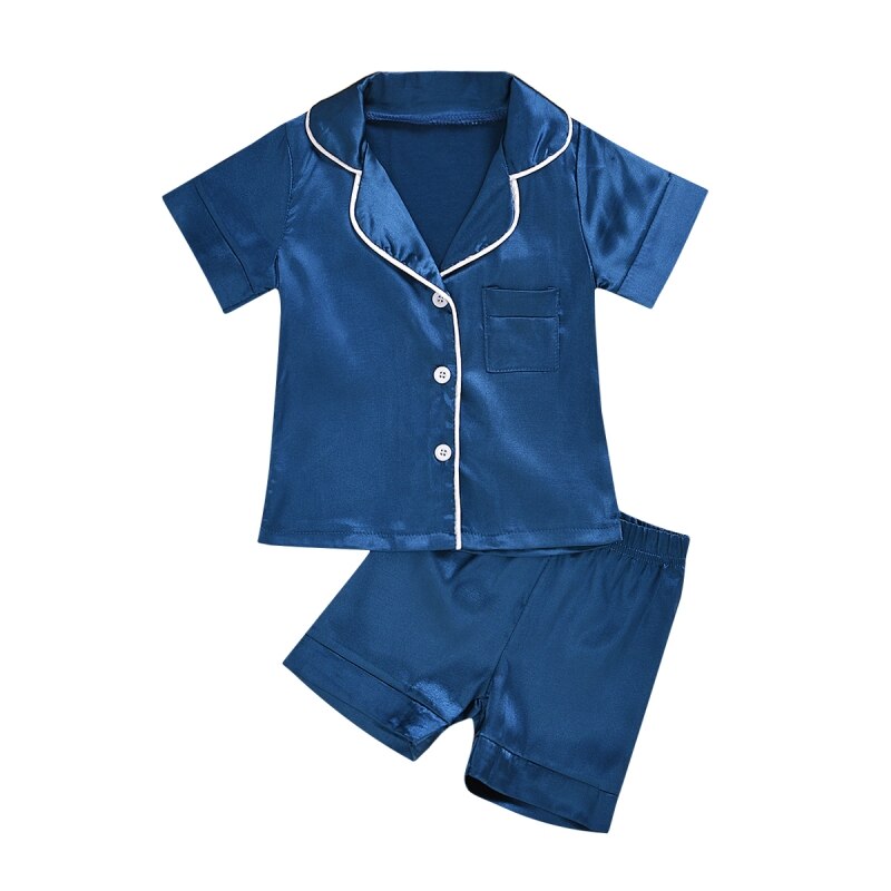 2 pçs crianças pijama da criança do bebê menino menina cetim seda pijamas definir nova camisa de manga curta topo + calças sleepwear verão botão macio: L / 1Y