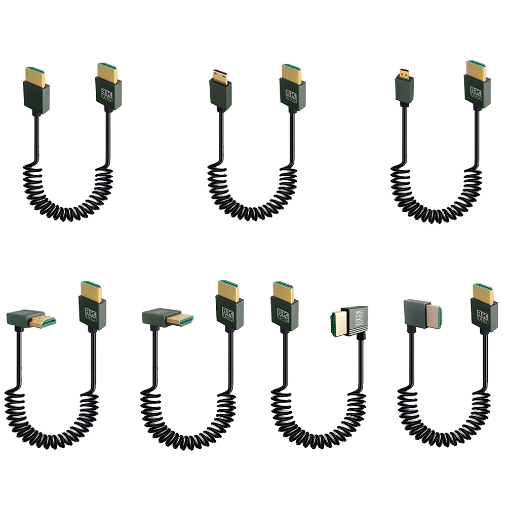 Cable en espiral Compatible con HDMI, 8K, 48Gbps, Compatible con Cable Mini/Micro HD para cámara/videocámara/PC/Monitor
