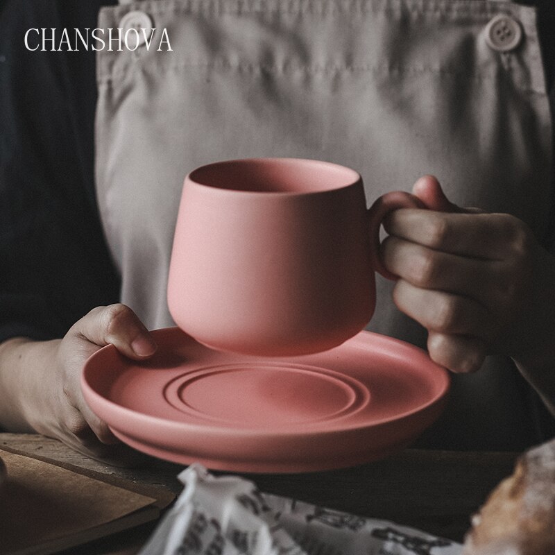 Chanshova enkelhet enfärgad keramisk kaffemugg och fat 210ml tekoppsset mjölkmugg dricksredskap porslin porslin  g082