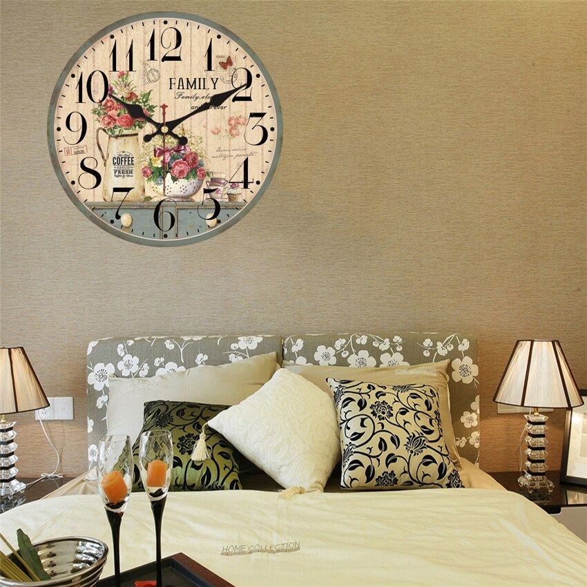 Large Wall Clock Round French Country Tuscan Decorative Vintage Wall Clock Non-Ticking Retro Flower Rose Silent Quiet Clock