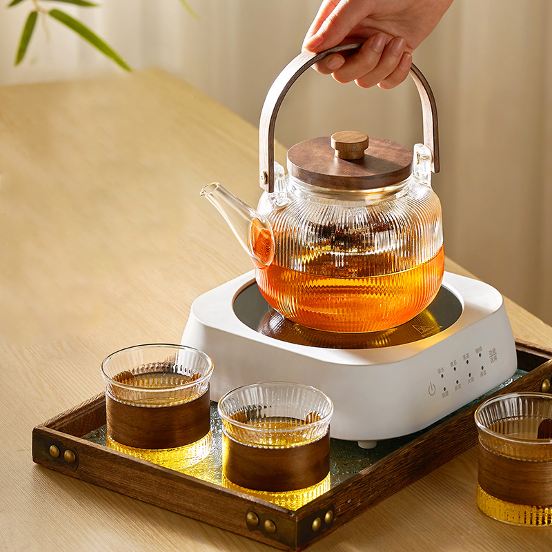 GIANXI Chinese Tea Set Wooden Handle Wooden Cover Glass Teapot Stainless Steel Filter Steaming Tea Set Transparent Teapot Tray